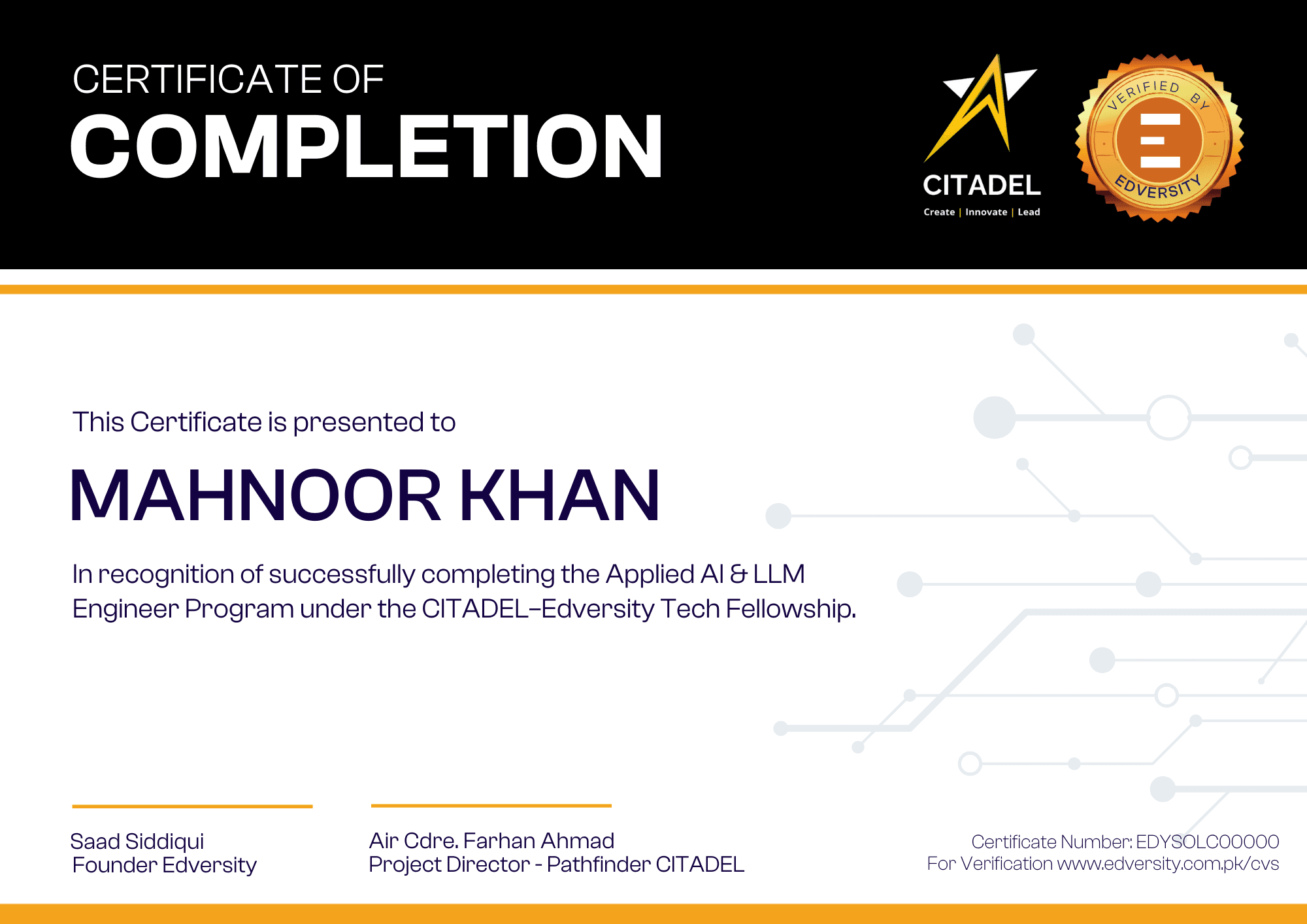 Citadel–Edversity Fellowship certificate preview